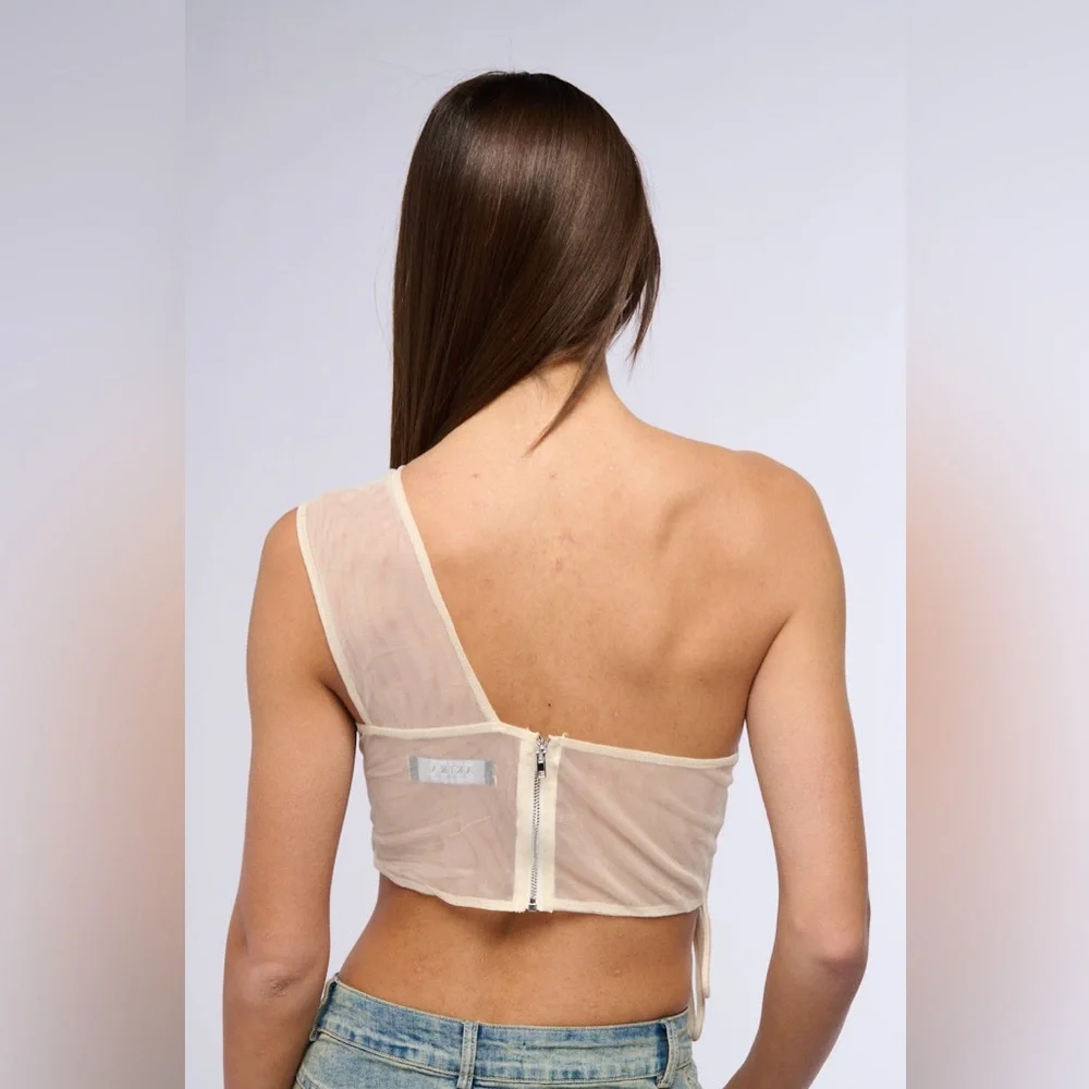 AKIRA Lola Swirl Cream One Shoulder Sheer Asymmetrical Top M - Picture 4 of 6